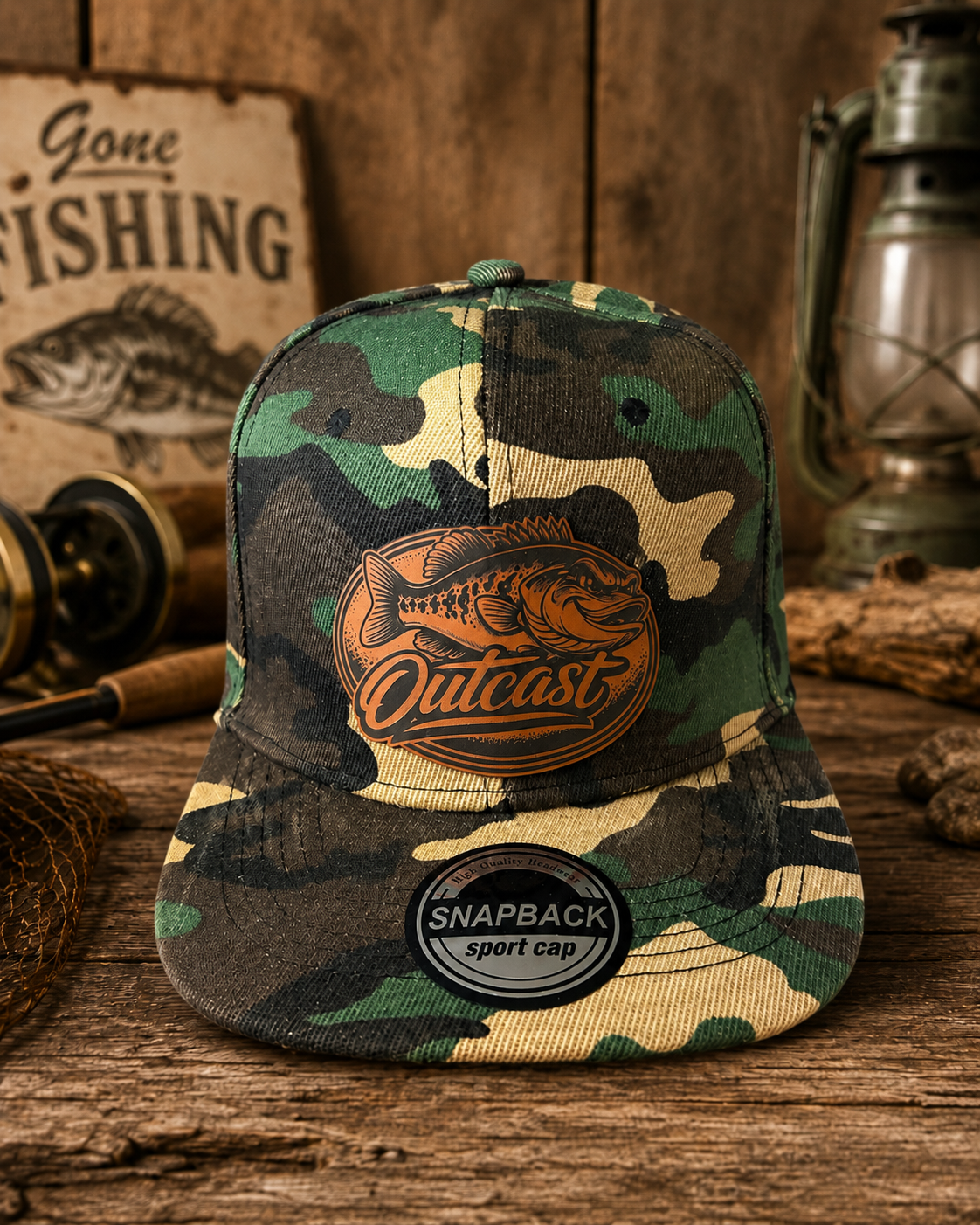 Bass Fishing Camouflage Outcast Leather Patch Hat | Camo Snapback Fishing Hat