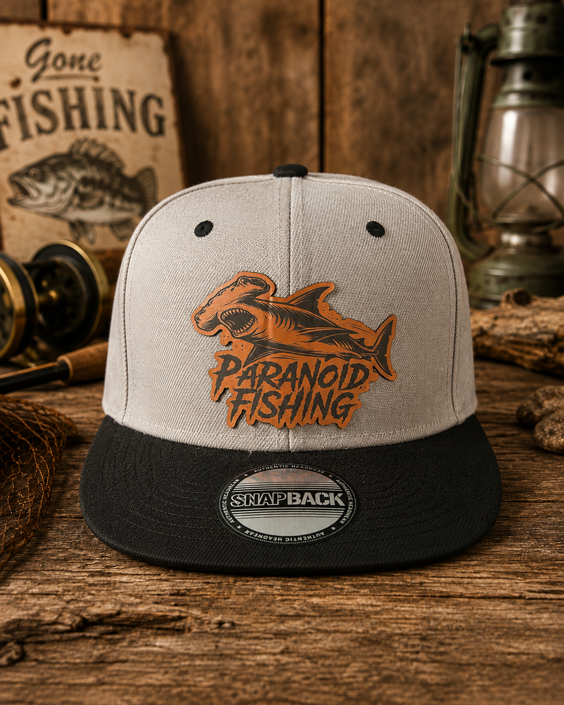 Paranoid Shark Fishing Hat | Black &amp; Gray Hammerhead Leather Patch Snapback