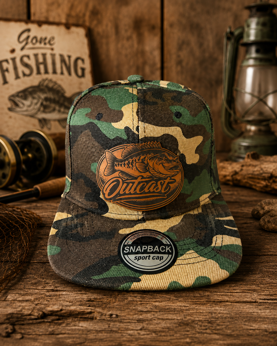 Bass Fishing Camouflage Outcast Leather Patch Hat | Camo Snapback Fishing Hat