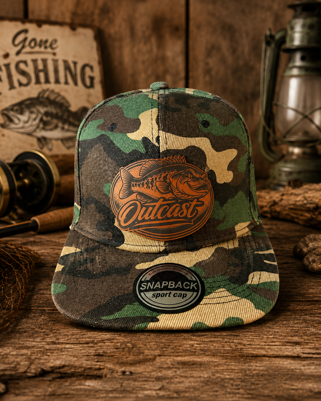 Bass Fishing Camouflage Outcast Leather Patch Hat | Camo Snapback Fishing Hat