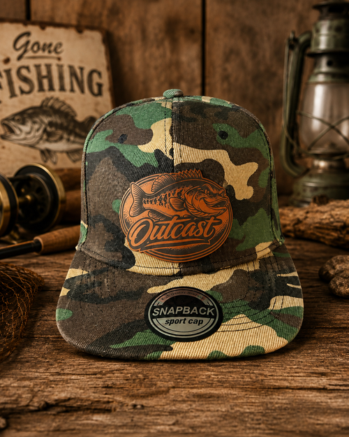 Bass Fishing Camouflage Outcast Leather Patch Hat | Camo Snapback Fishing Hat