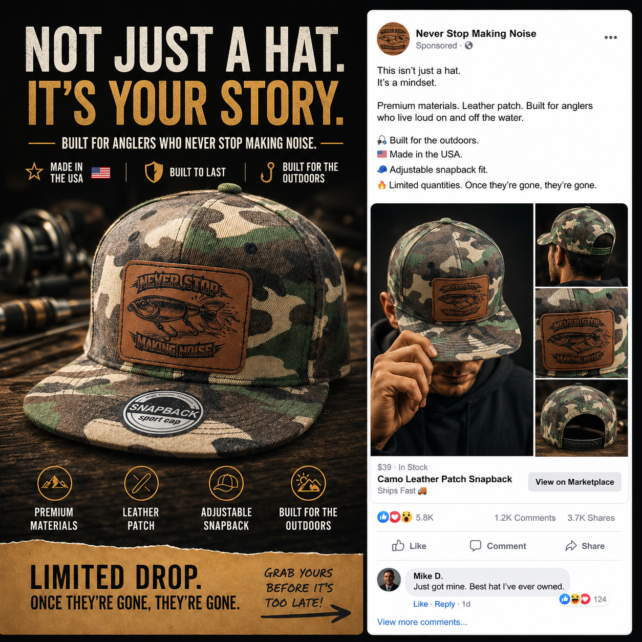 Under Pressure Frog Lure Leather Patch Snapback Hat – Black Bass Fishing Cap