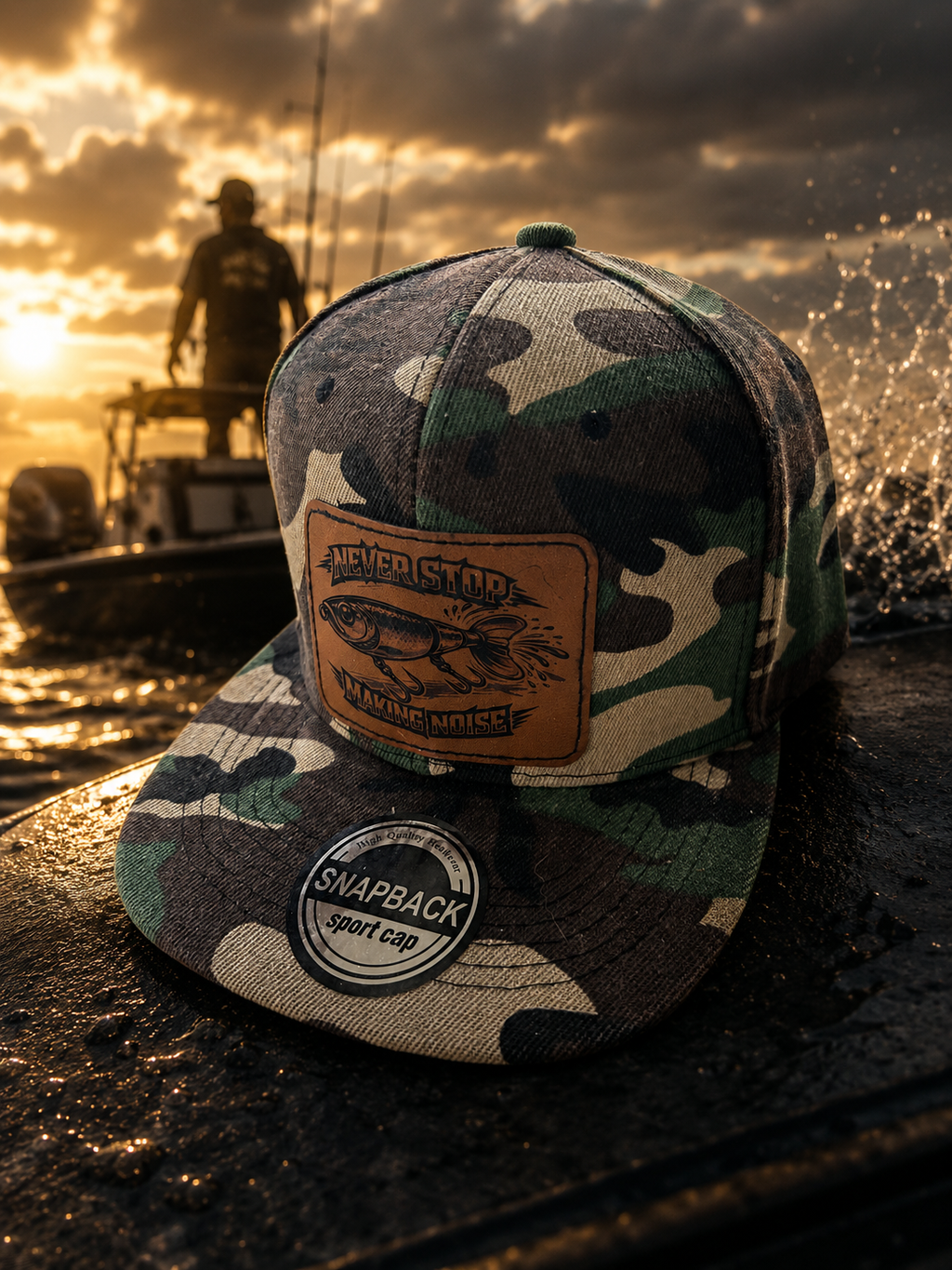 Never Stop Making Noise Camo Leather Patch Snapback Hat