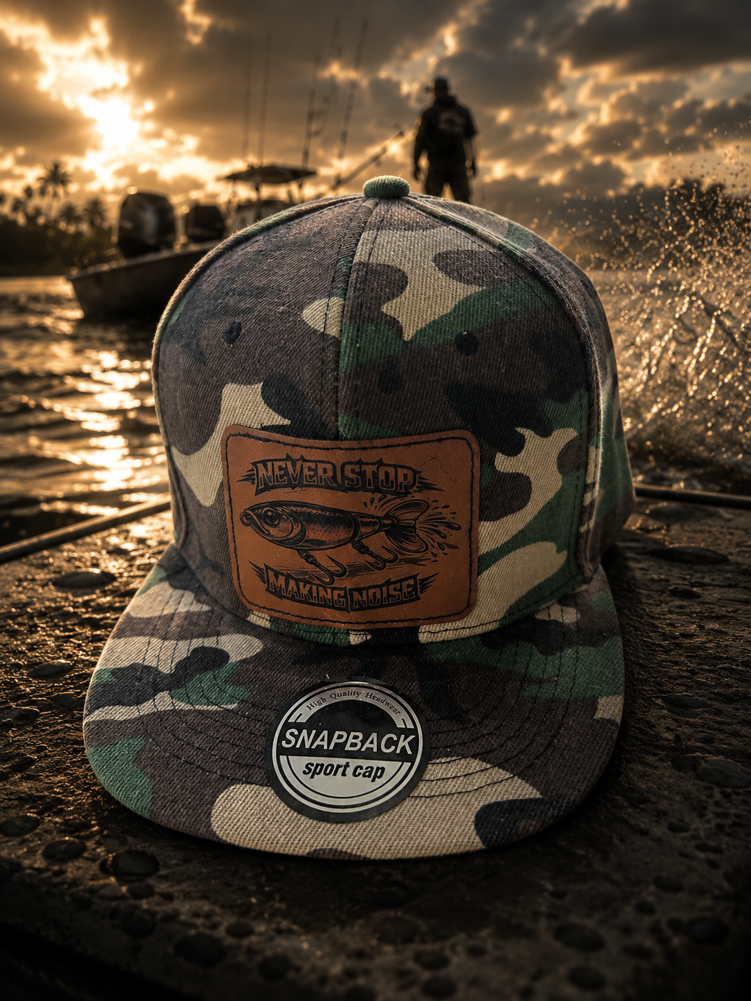 Never Stop Making Noise Camo Leather Patch Snapback Hat