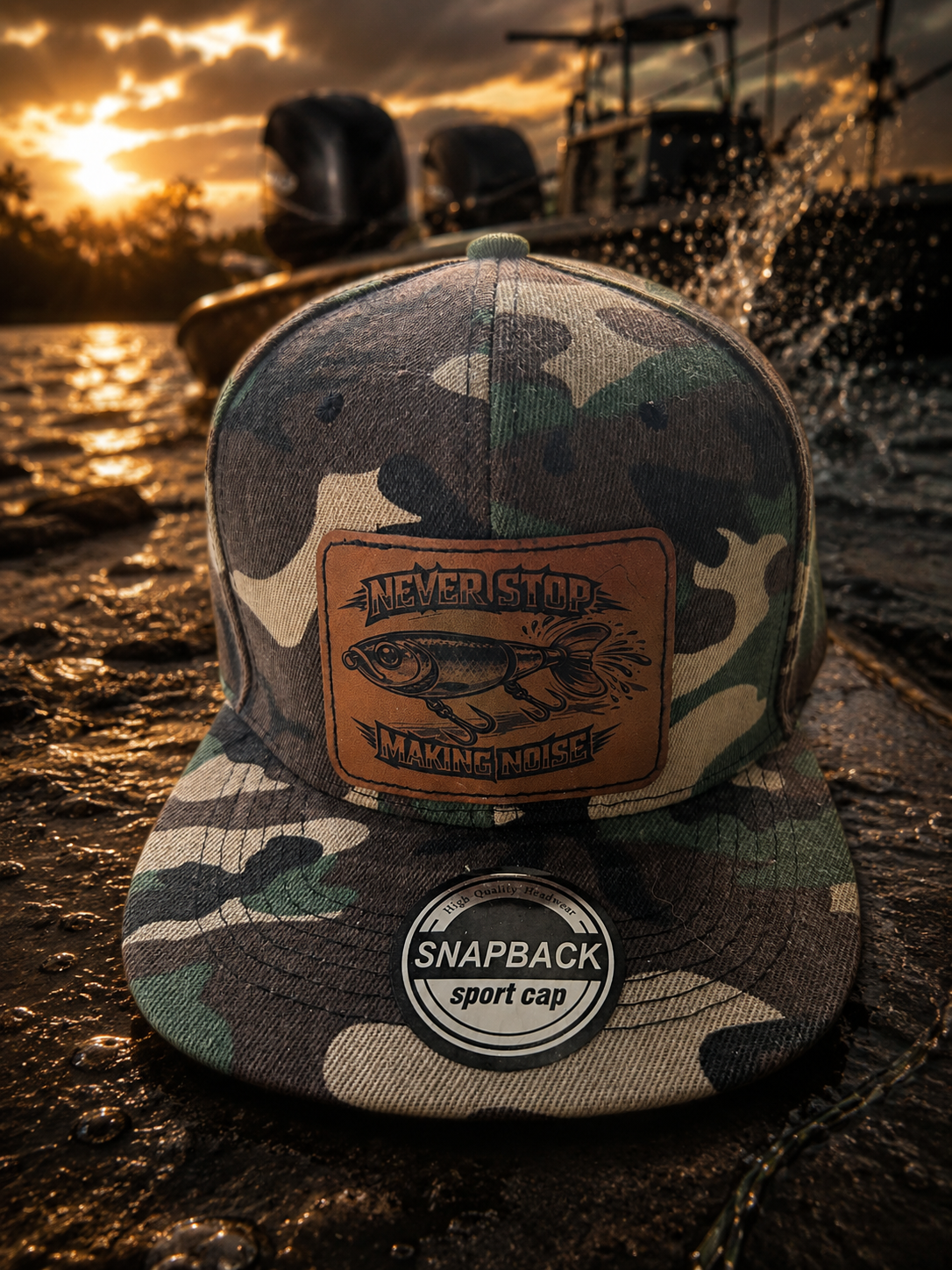 Never Stop Making Noise Camo Leather Patch Snapback Hat