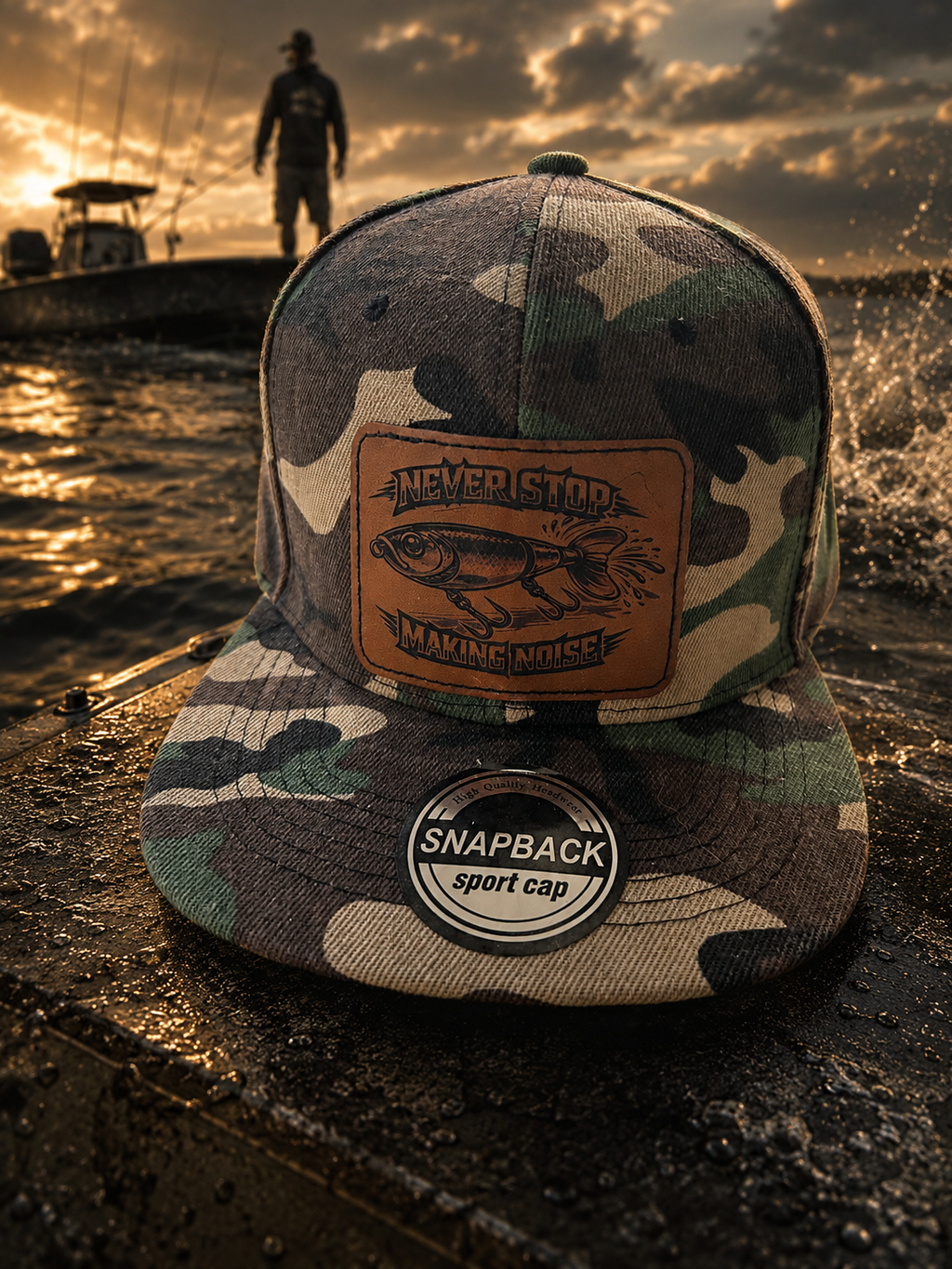 Never Stop Making Noise Camo Leather Patch Snapback Hat