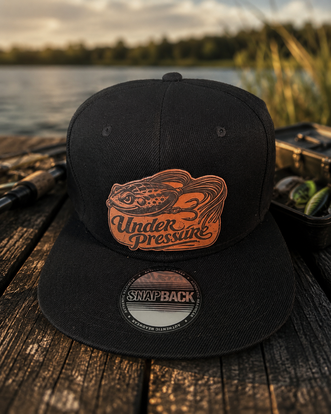 Under Pressure Frog Lure Leather Patch Snapback Hat – Black Bass Fishing Cap