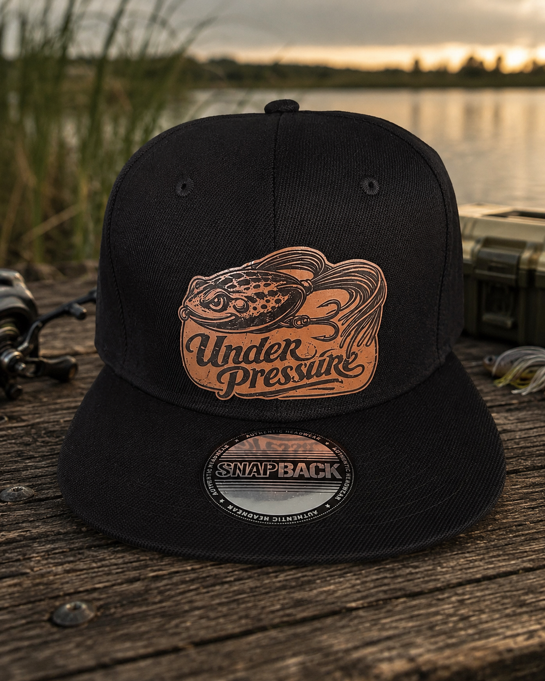 Under Pressure Frog Lure Leather Patch Snapback Hat – Black Bass Fishing Cap
