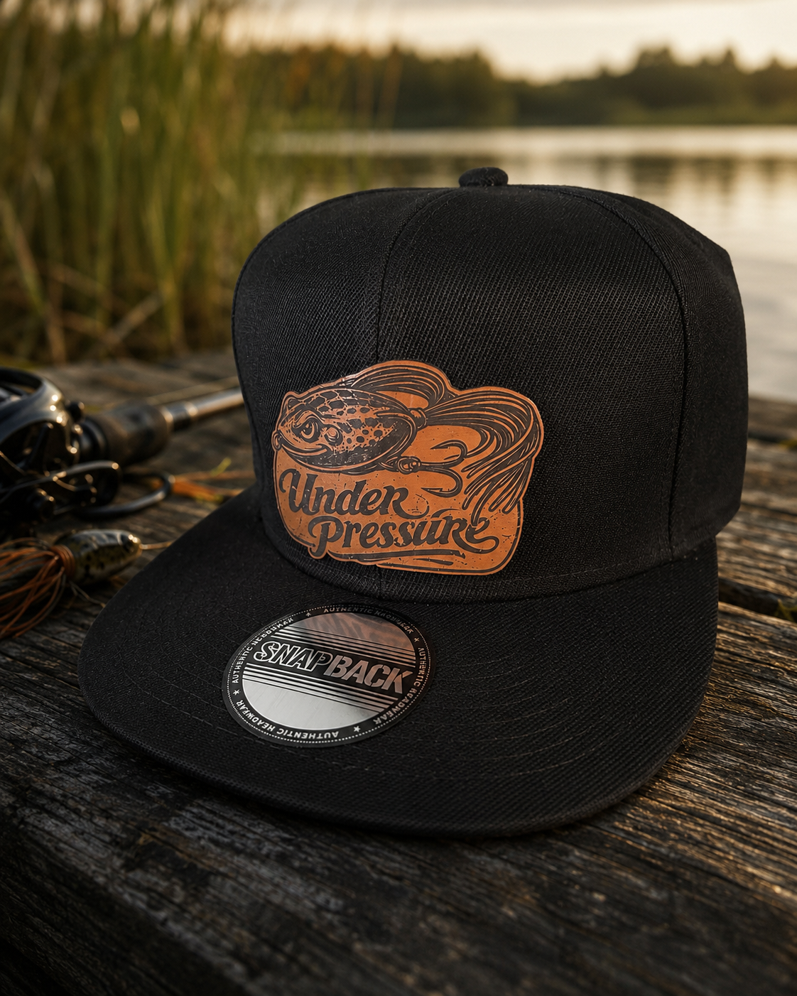 Under Pressure Frog Lure Leather Patch Snapback Hat – Black Bass Fishing Cap