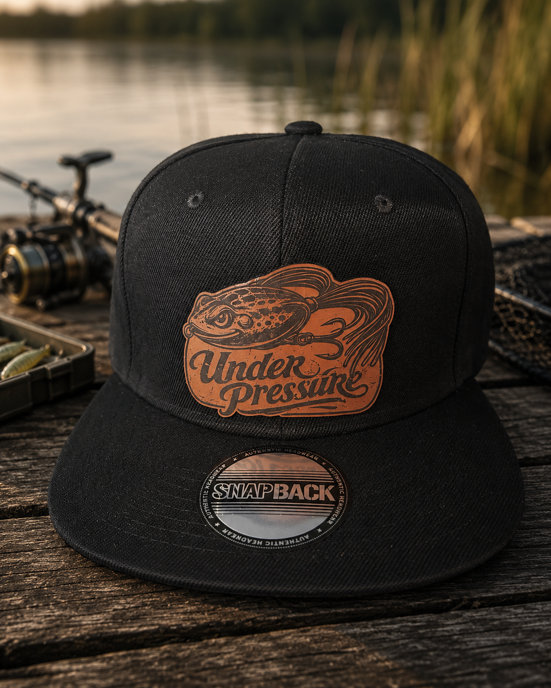 Under Pressure Frog Lure Leather Patch Snapback Hat – Black Bass Fishing Cap