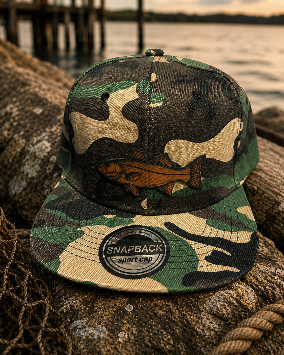 Camo Snook Leather Patch Snapback Hat | Fishing Cap for Saltwater Anglers