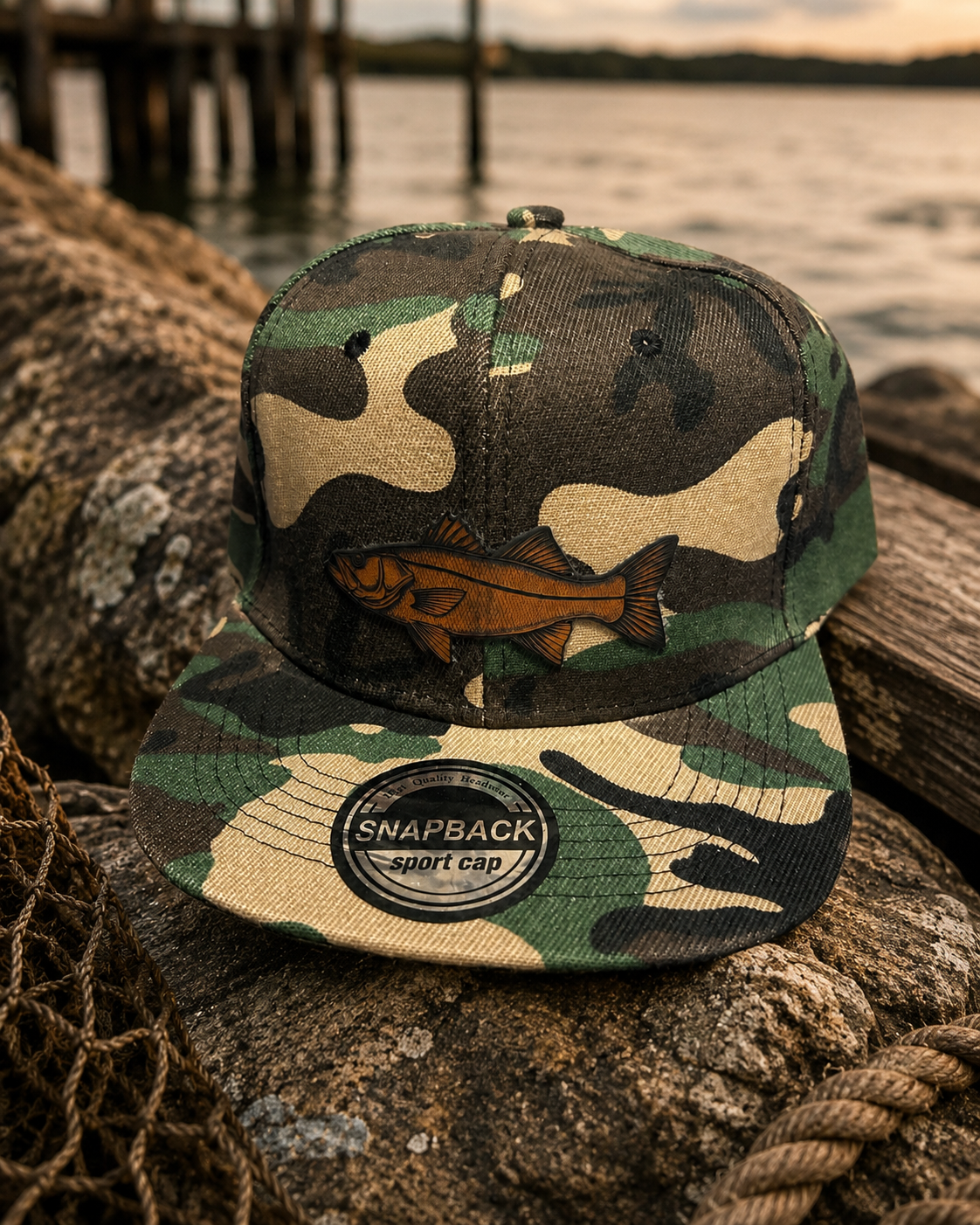 Camo Snook Leather Patch Snapback Hat | Fishing Cap for Saltwater Anglers