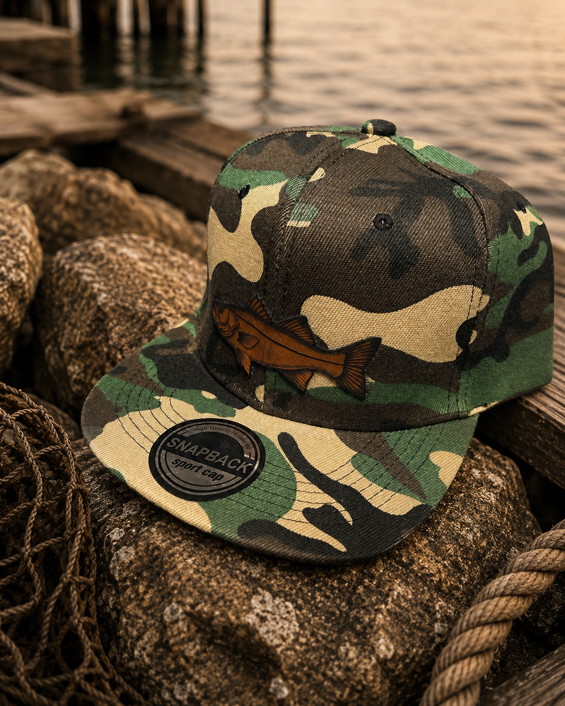 Camo Snook Leather Patch Snapback Hat | Fishing Cap for Saltwater Anglers