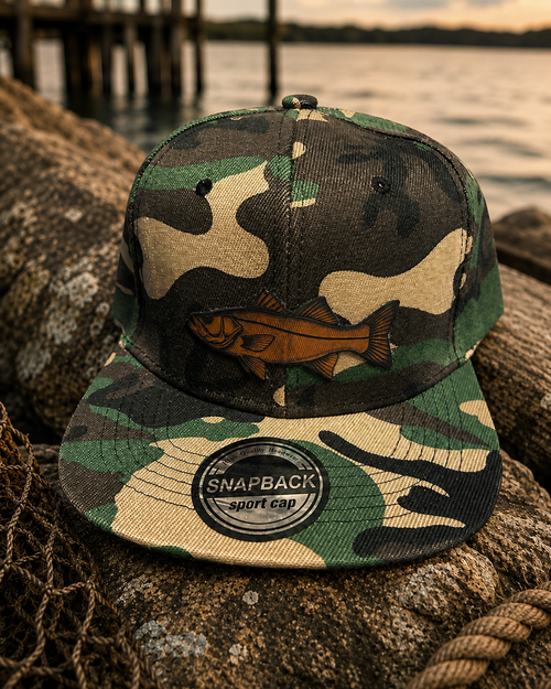 Camo Snook Leather Patch Snapback Hat | Fishing Cap for Saltwater Anglers