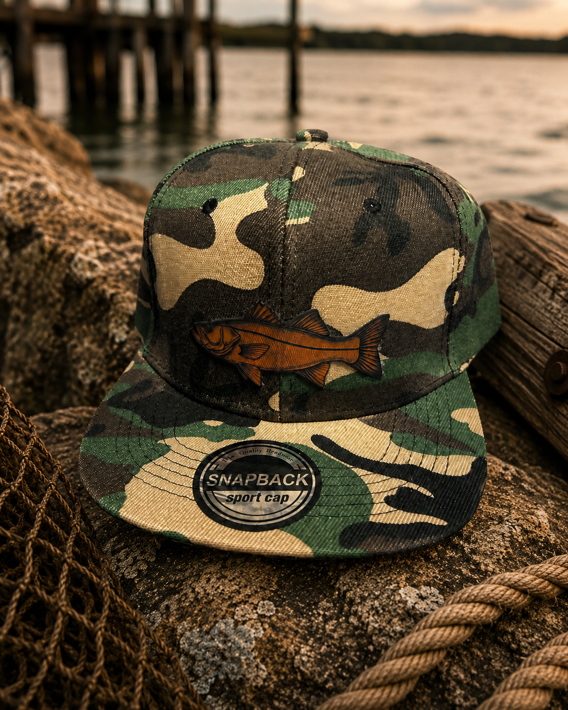 Camo Snook Leather Patch Snapback Hat | Fishing Cap for Saltwater Anglers