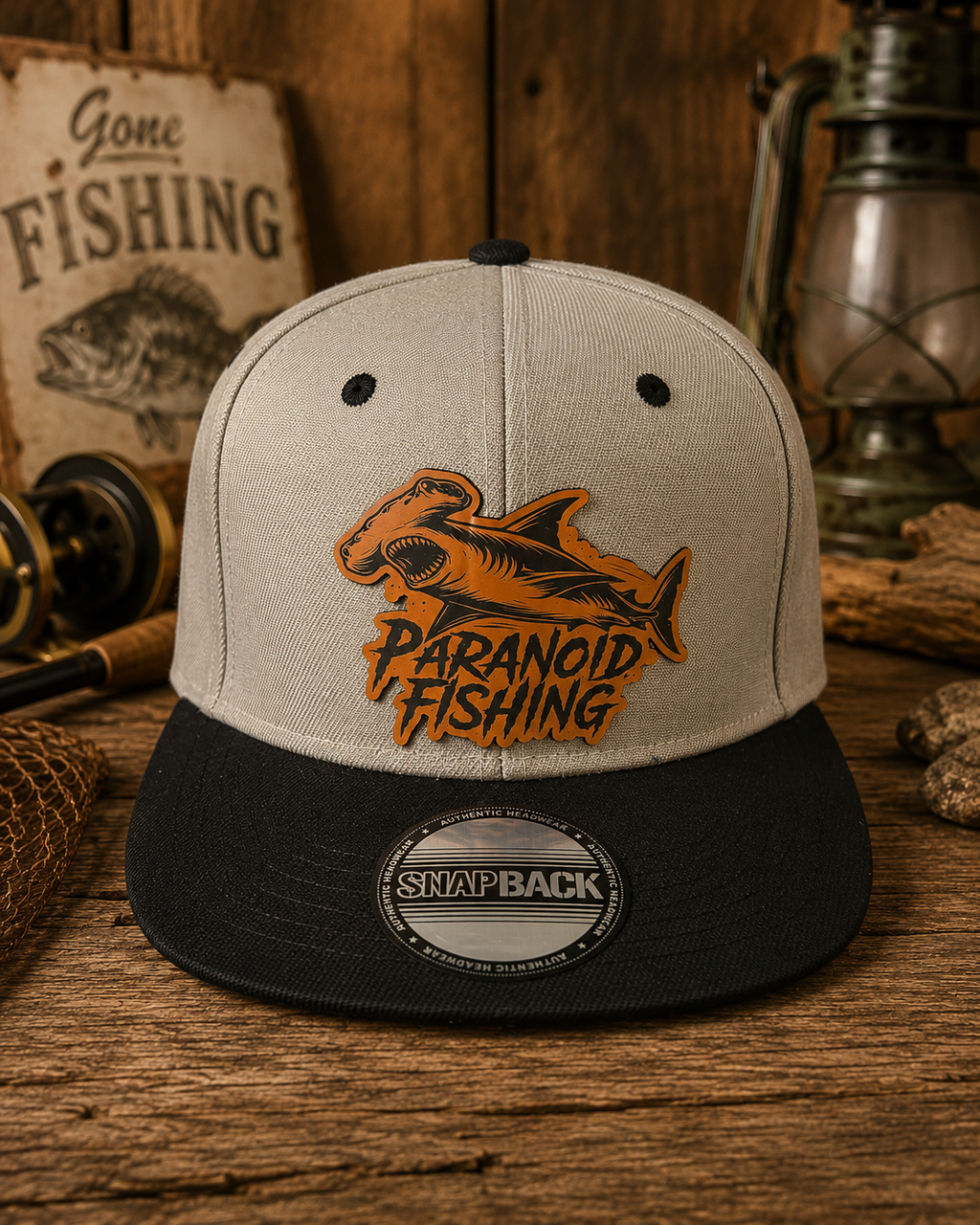 Paranoid Shark Fishing Hat | Black &amp; Gray Hammerhead Leather Patch Snapback