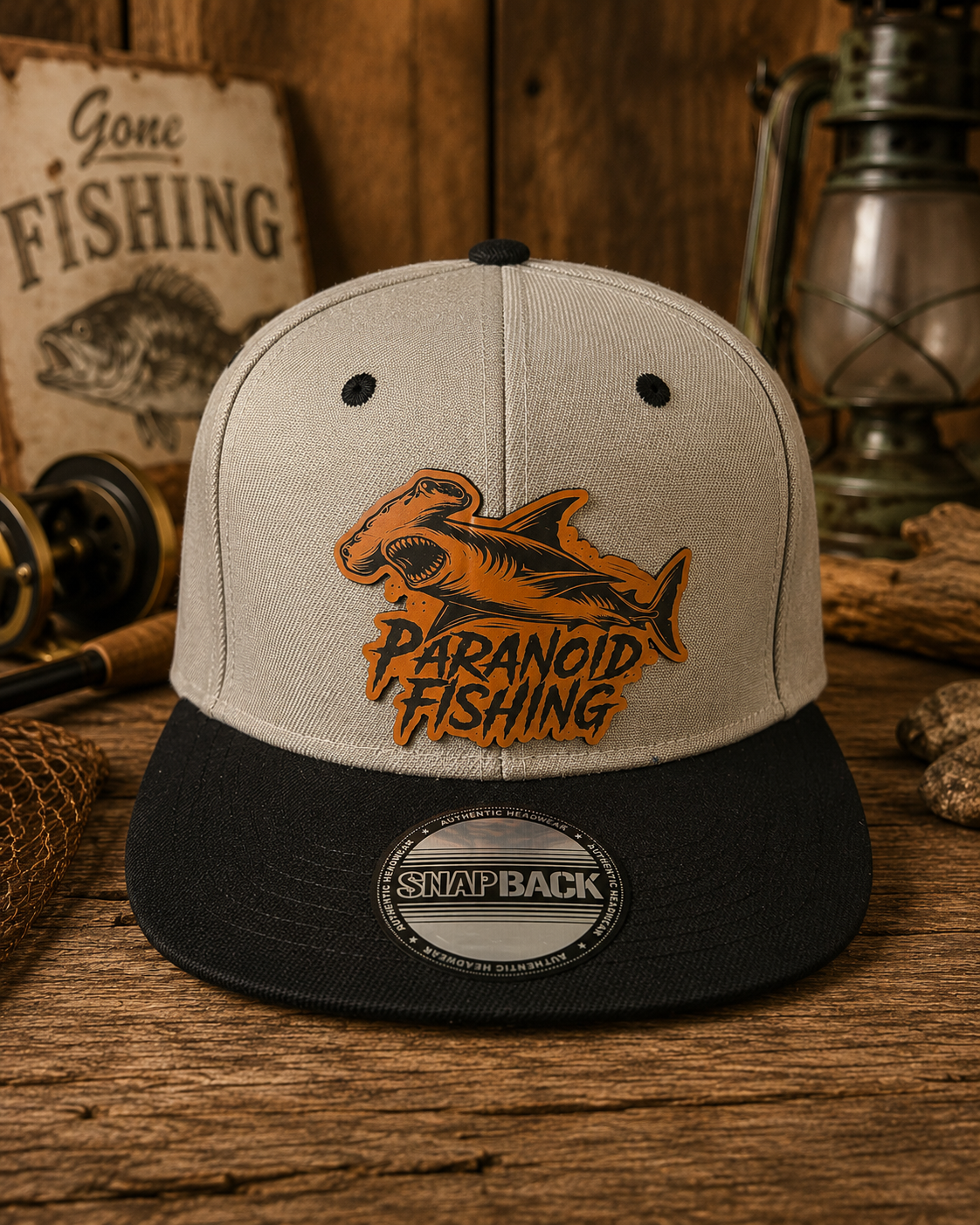 Paranoid Shark Fishing Hat | Black &amp; Gray Hammerhead Leather Patch Snapback