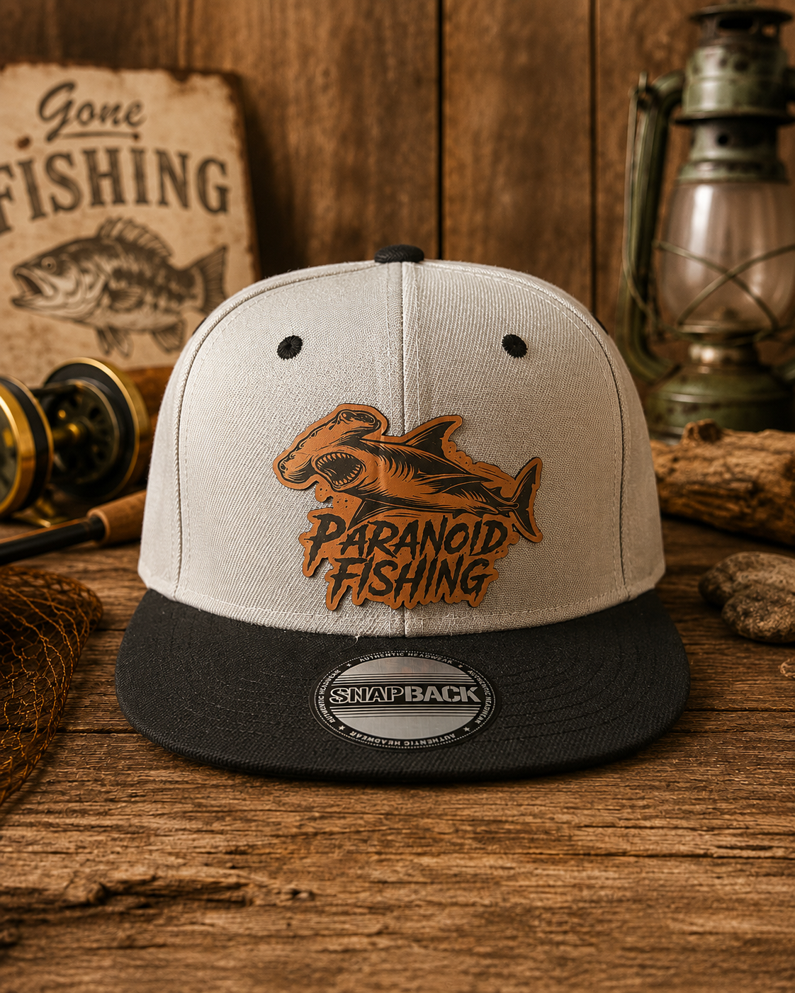 Paranoid Shark Fishing Hat | Black &amp; Gray Hammerhead Leather Patch Snapback