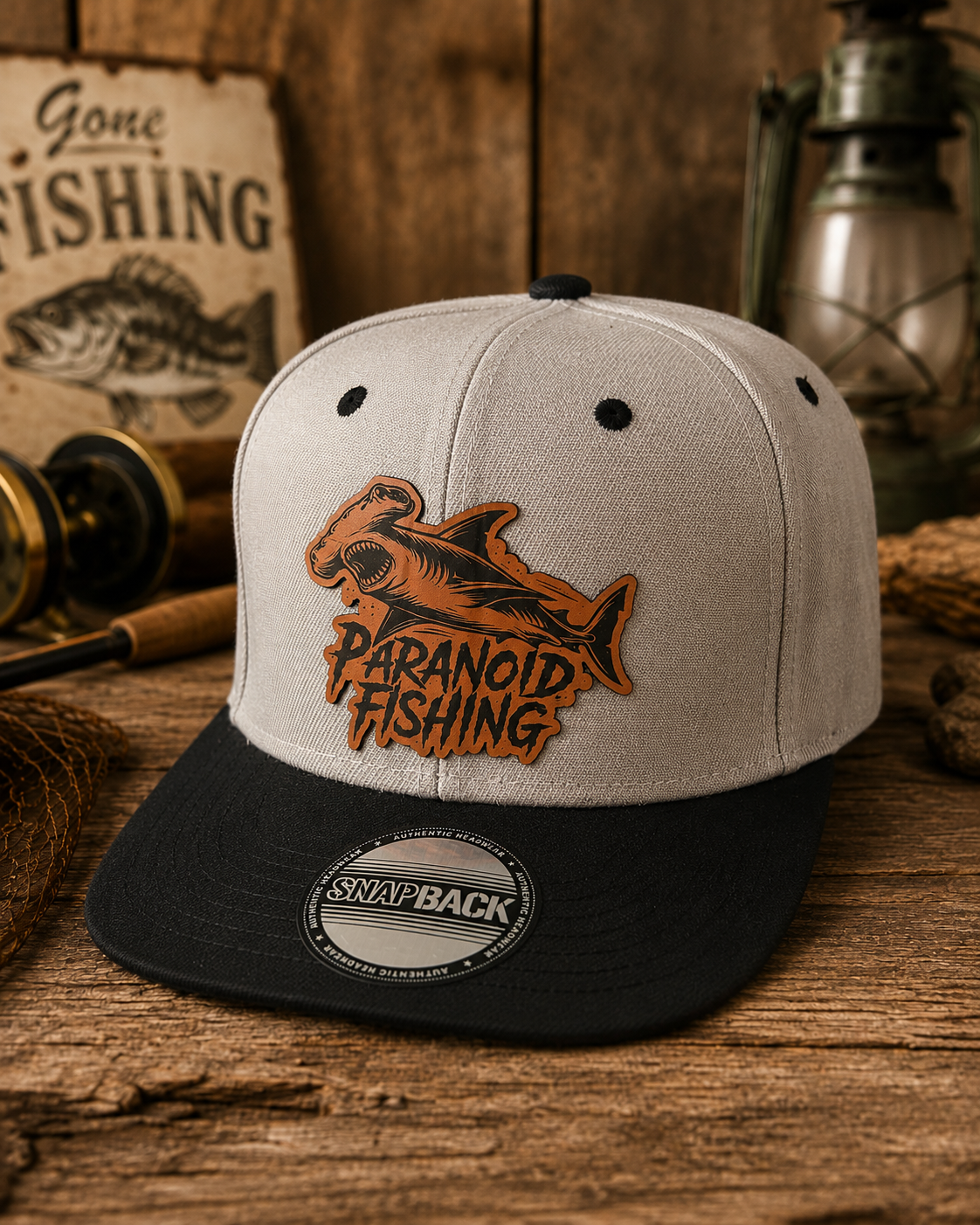Paranoid Shark Fishing Hat | Black &amp; Gray Hammerhead Leather Patch Snapback