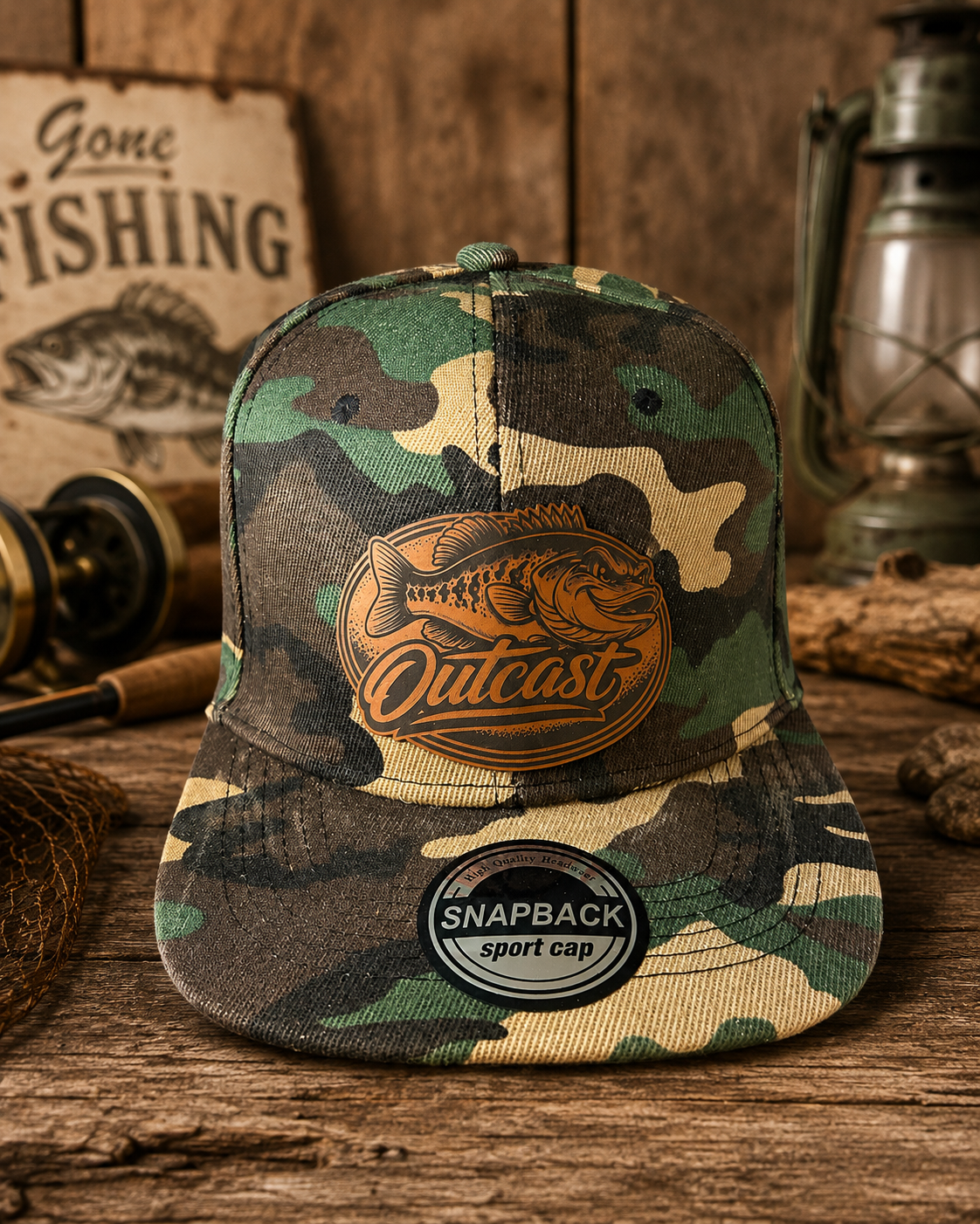 Bass Fishing Camouflage Outcast Leather Patch Hat | Camo Snapback Fishing Hat